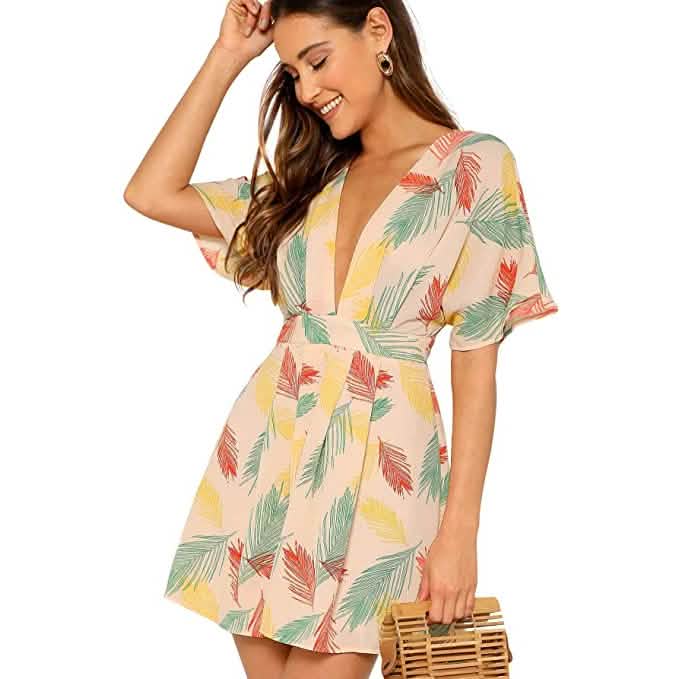 Robe courte évasée à décolleté plongeant et nœud sur le devant, imprimé fleuri fantaisie pour femme