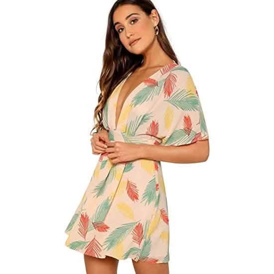 Robe courte évasée à décolleté plongeant et nœud sur le devant, imprimé fleuri fantaisie pour femme