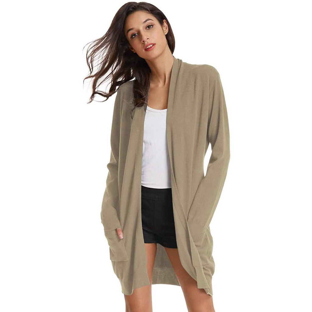 Cardigan long uni tricoté ouvert devant pour femme