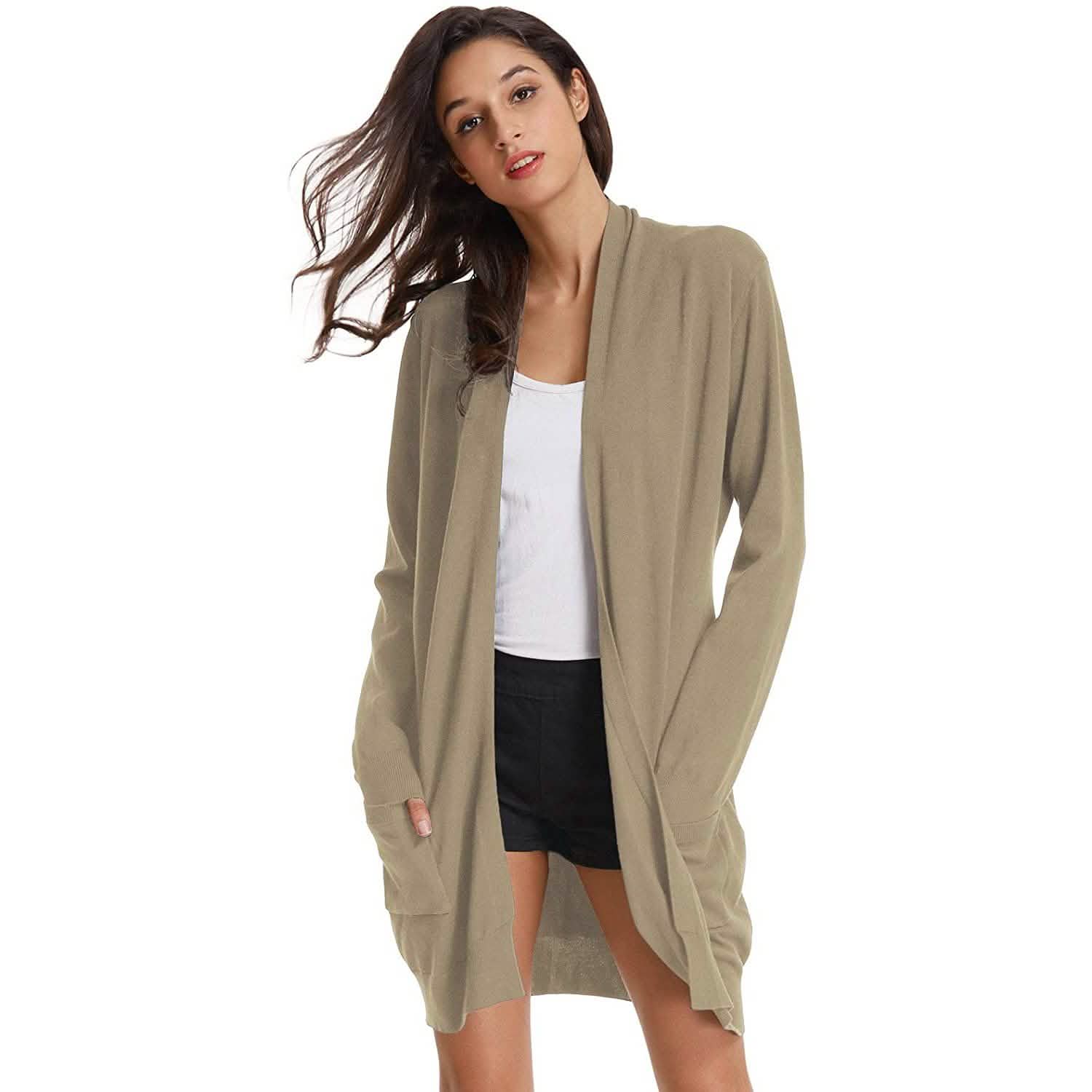 Cardigan long uni tricoté ouvert devant pour femme