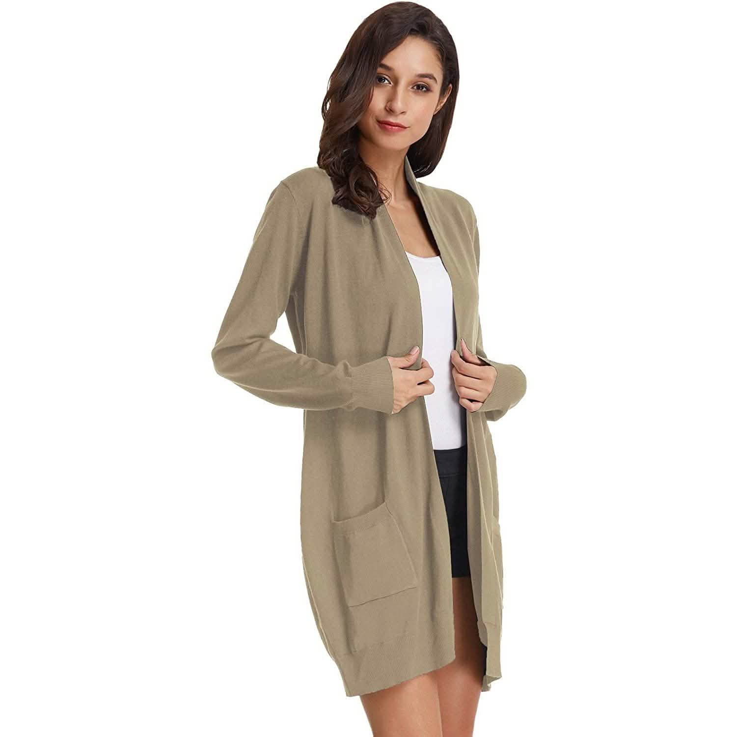 Cardigan long uni tricoté ouvert devant pour femme