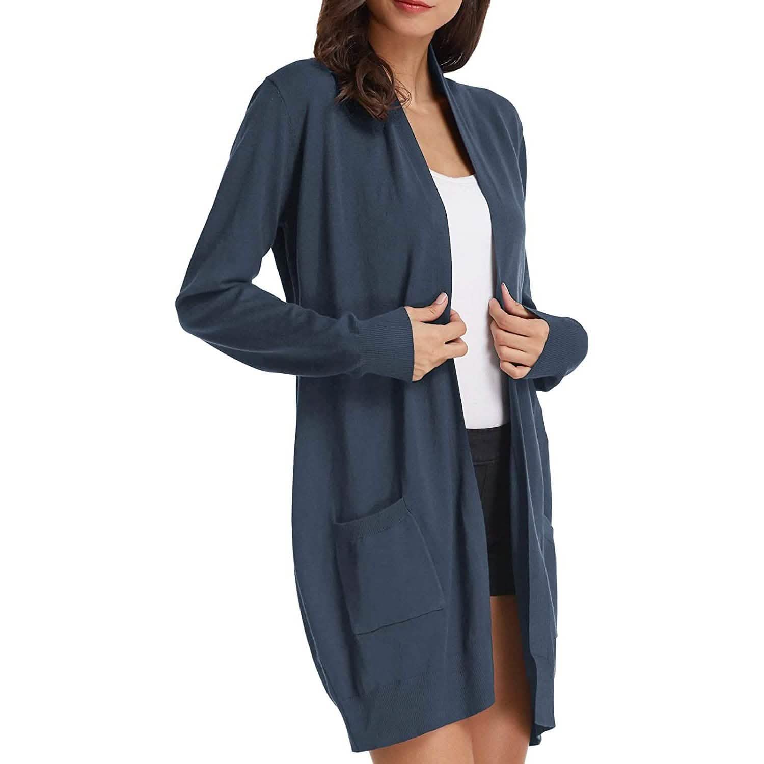 Cardigan long uni tricoté ouvert devant pour femme