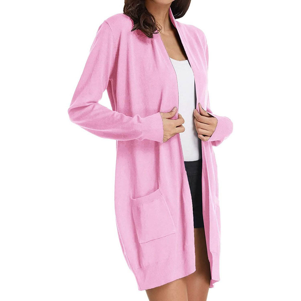 Cardigan long uni tricoté ouvert devant pour femme