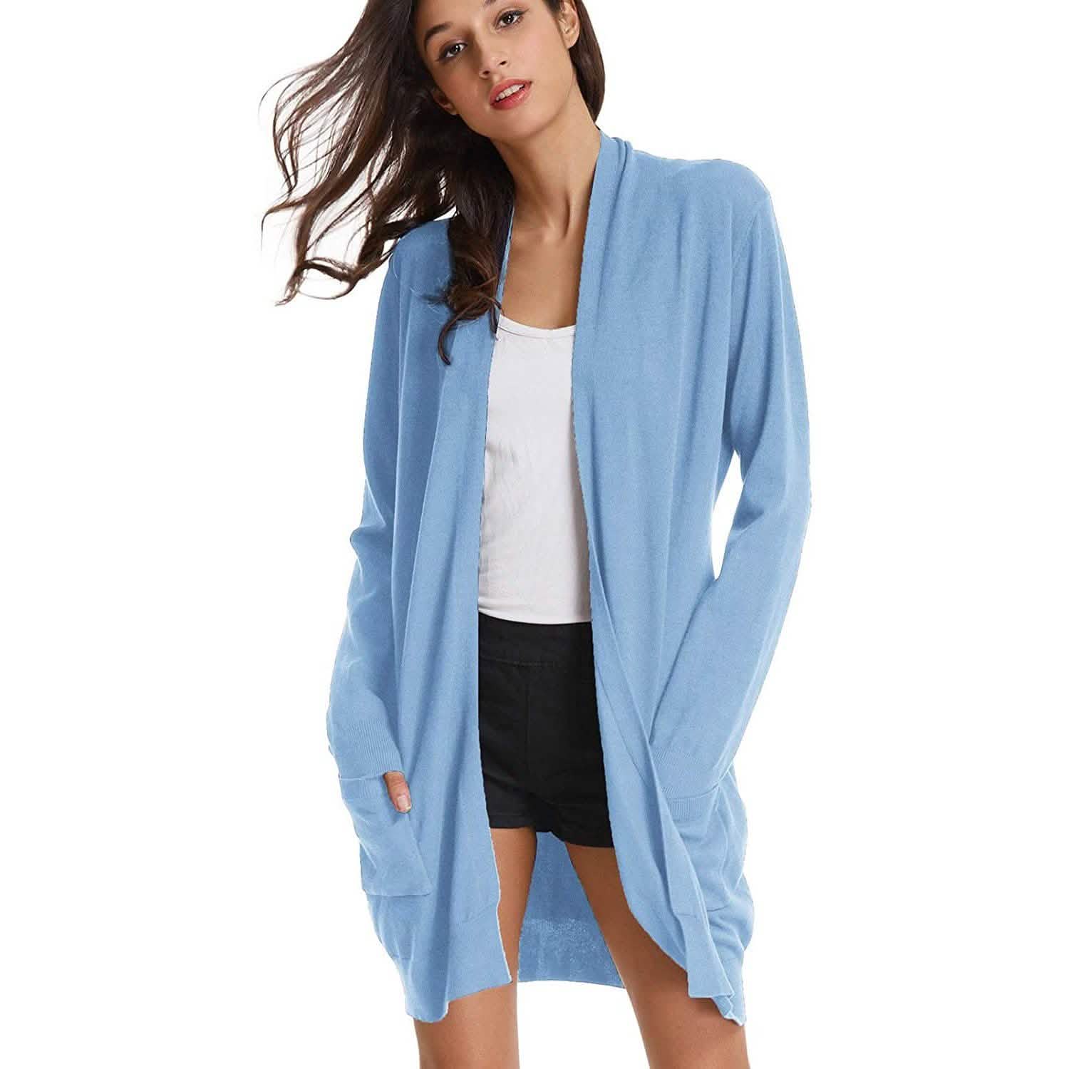 Cardigan long uni tricoté ouvert devant pour femme