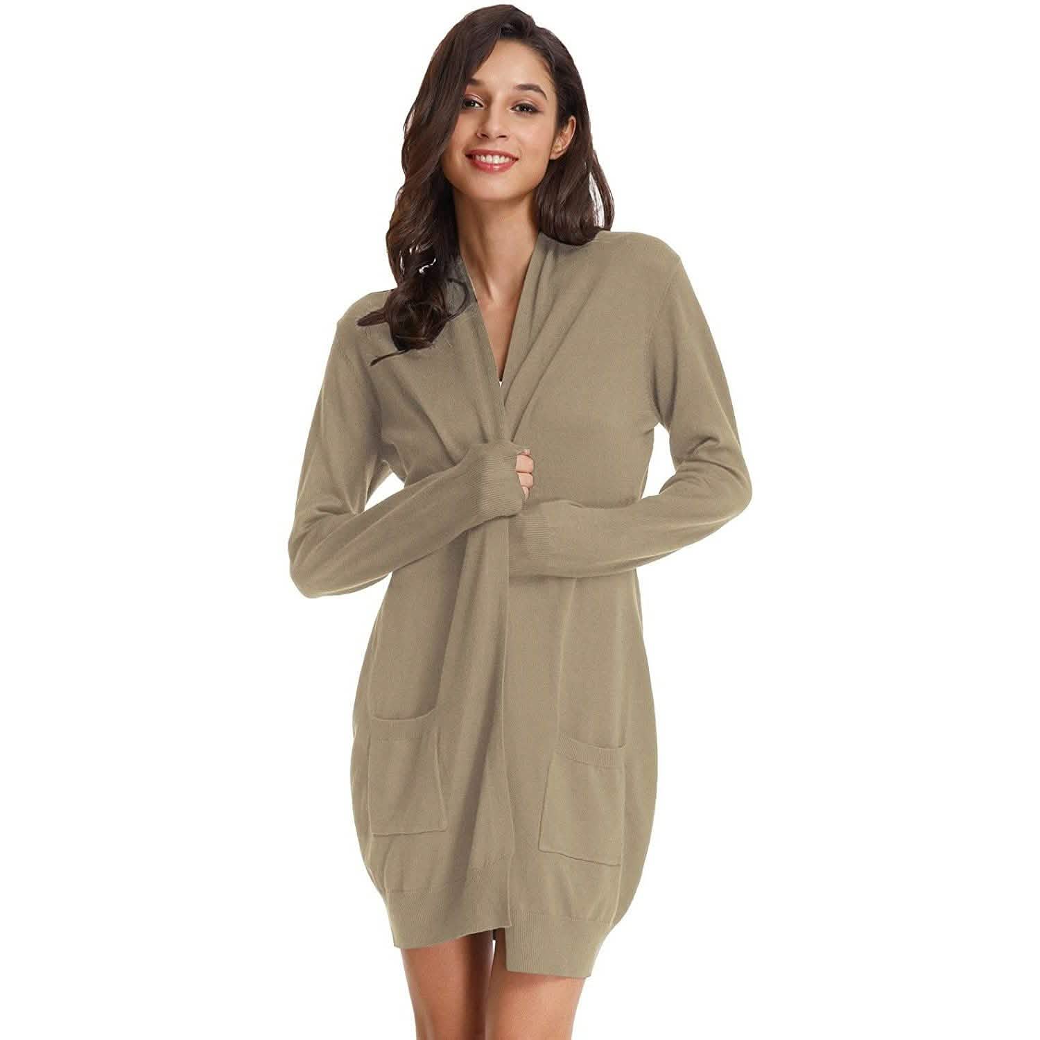 Cardigan long uni tricoté ouvert devant pour femme