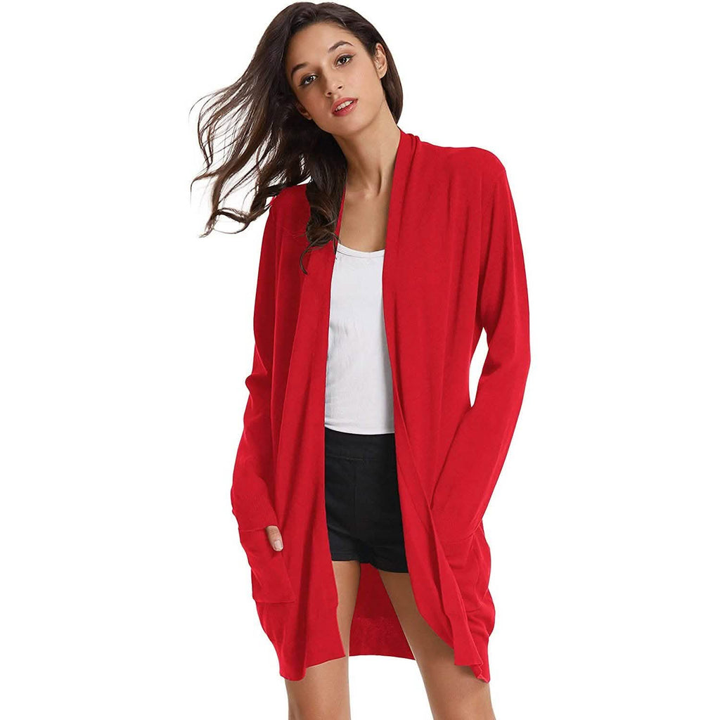 Cardigan long uni tricoté ouvert devant pour femme