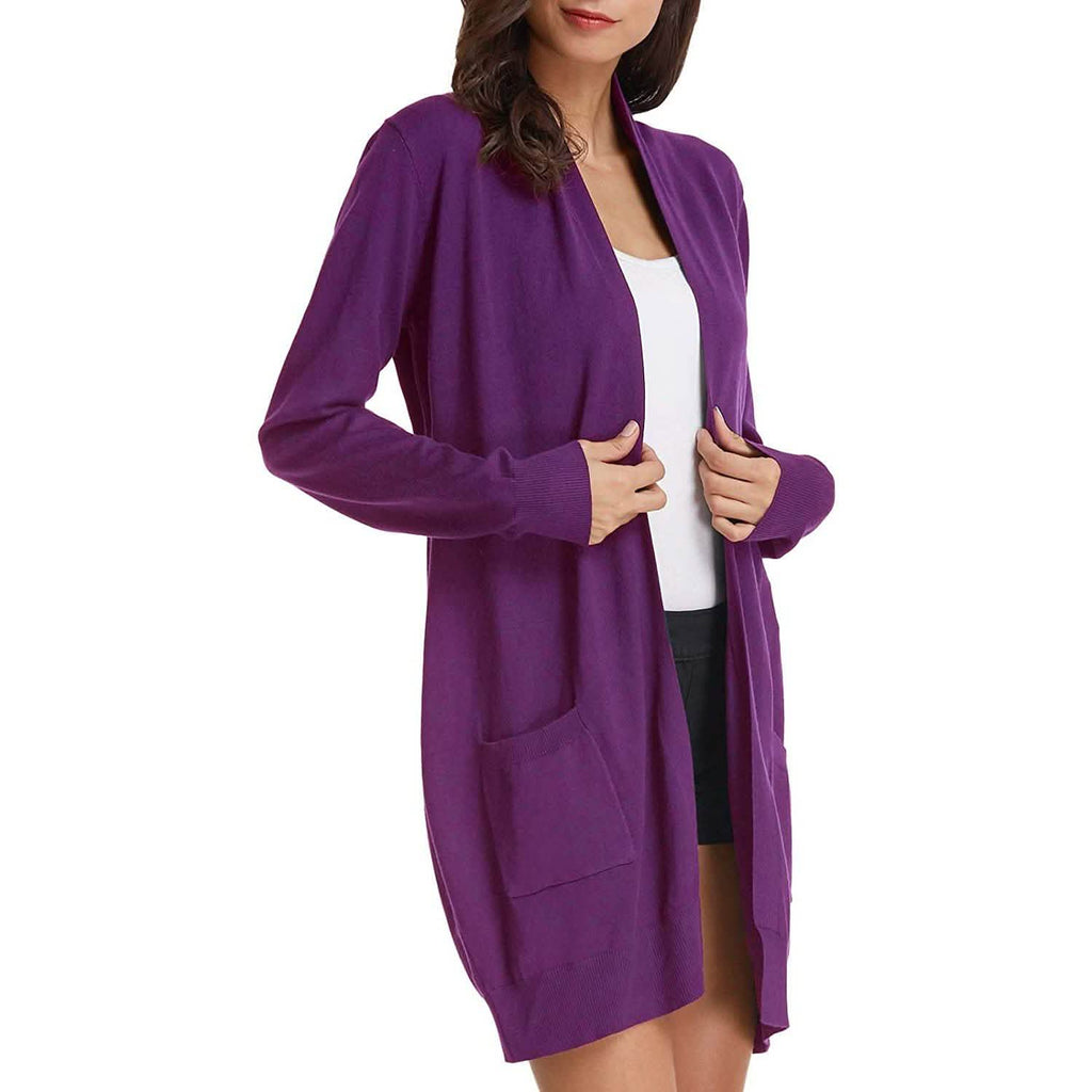 Cardigan long uni tricoté ouvert devant pour femme