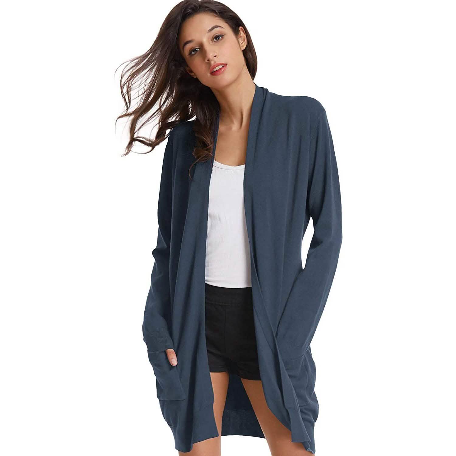 Cardigan long uni tricoté ouvert devant pour femme
