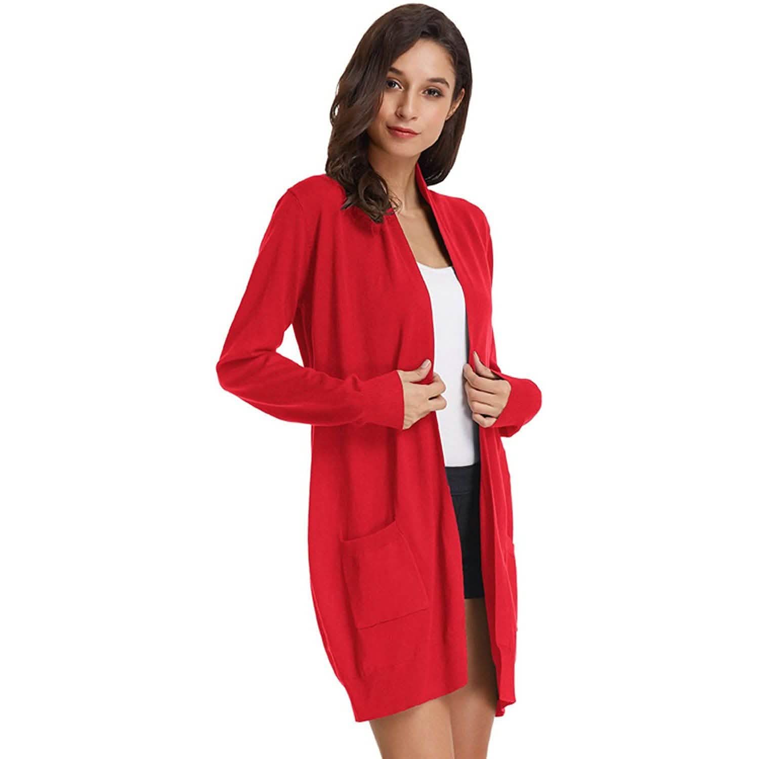 Cardigan long uni tricoté ouvert devant pour femme