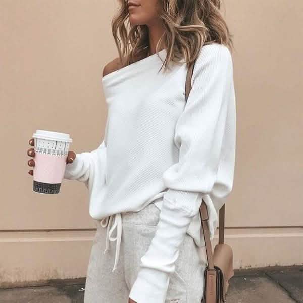 Mode féminine Pull à manches longues épaules dénudées Haut de survêtement décontracté à manches longues