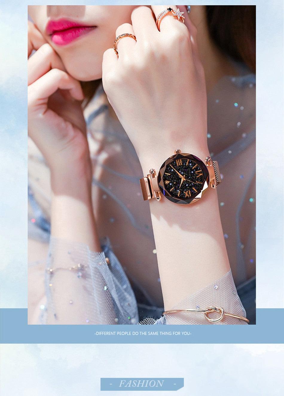 Montres Femme Ciel Étoilé Boucle Magnétique Maille Ceinture Diamant Montre à Quartz Robe Femme Or Rose Montre Analogique Ciel Étoilé Acier Inoxydable Quartz Dames Magnétique Bande Simple Mode Montres Or Pour Femmes