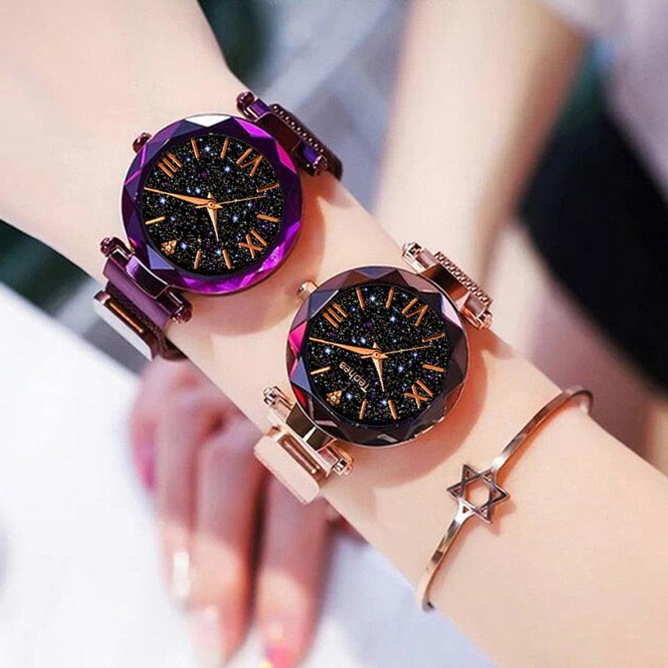 Montres Femme Ciel Étoilé Boucle Magnétique Maille Ceinture Diamant Montre à Quartz Robe Femme Or Rose Montre Analogique Ciel Étoilé Acier Inoxydable Quartz Dames Magnétique Bande Simple Mode Montres Or Pour Femmes