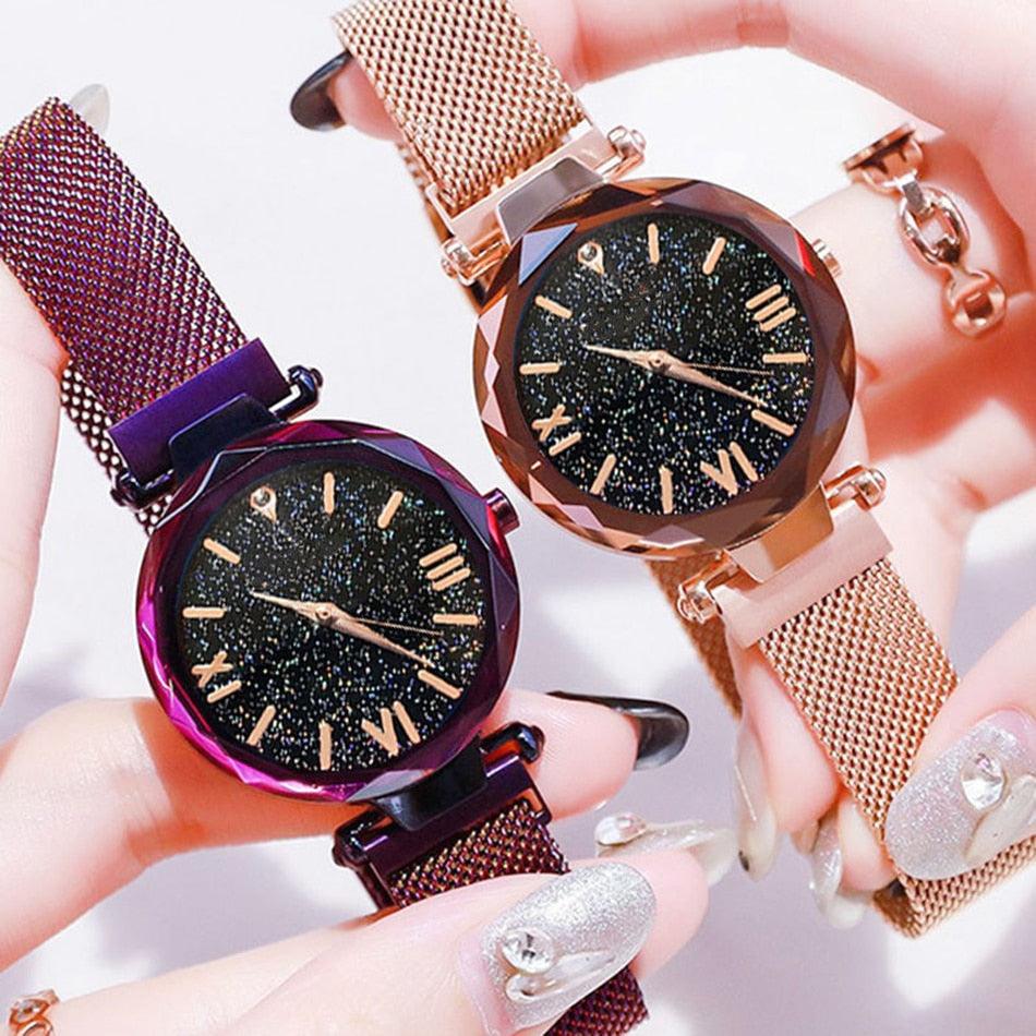 Montres Femme Ciel Étoilé Boucle Magnétique Maille Ceinture Diamant Montre à Quartz Robe Femme Or Rose Montre Analogique Ciel Étoilé Acier Inoxydable Quartz Dames Magnétique Bande Simple Mode Montres Or Pour Femmes