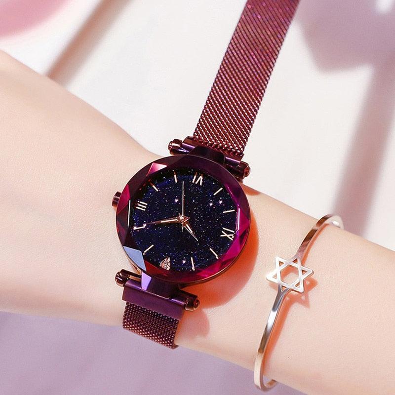 Montres Femme Ciel Étoilé Boucle Magnétique Maille Ceinture Diamant Montre à Quartz Robe Femme Or Rose Montre Analogique Ciel Étoilé Acier Inoxydable Quartz Dames Magnétique Bande Simple Mode Montres Or Pour Femmes