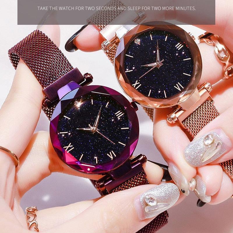 Montres Femme Ciel Étoilé Boucle Magnétique Maille Ceinture Diamant Montre à Quartz Robe Femme Or Rose Montre Analogique Ciel Étoilé Acier Inoxydable Quartz Dames Magnétique Bande Simple Mode Montres Or Pour Femmes