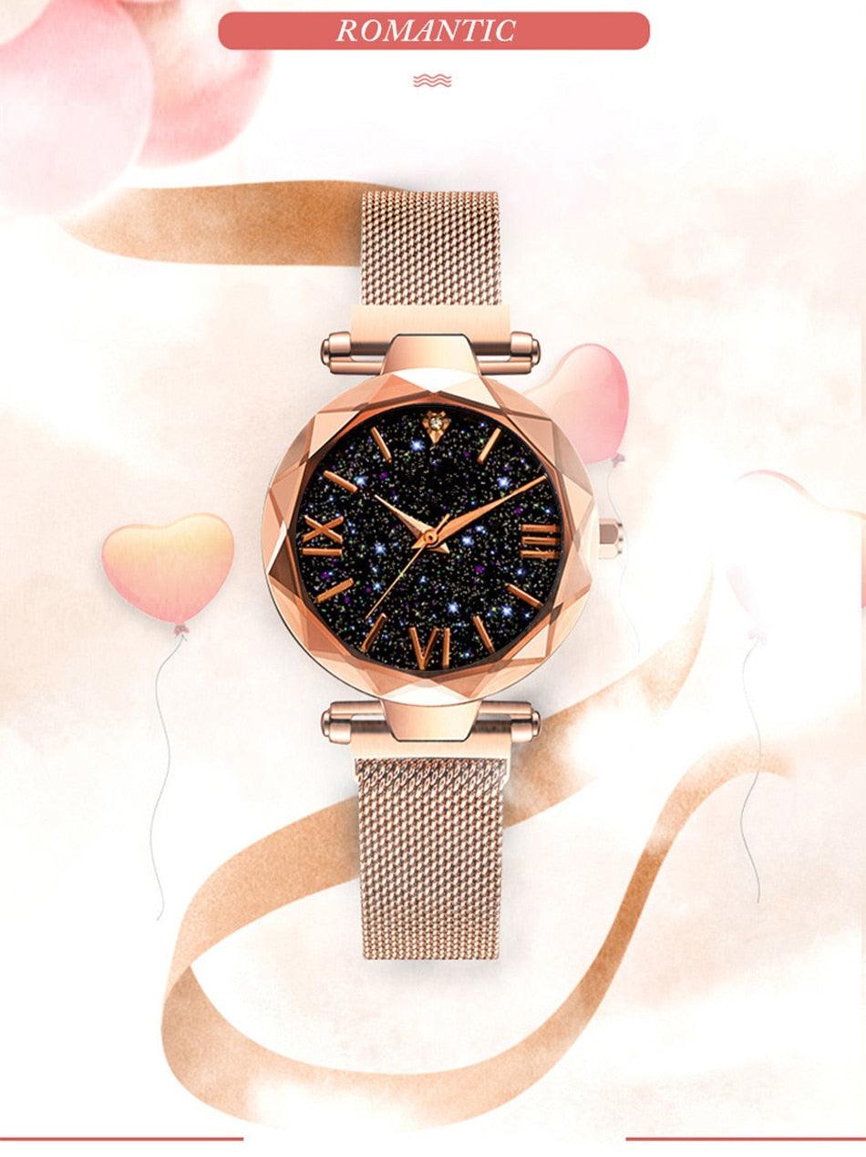 Montres Femme Ciel Étoilé Boucle Magnétique Maille Ceinture Diamant Montre à Quartz Robe Femme Or Rose Montre Analogique Ciel Étoilé Acier Inoxydable Quartz Dames Magnétique Bande Simple Mode Montres Or Pour Femmes