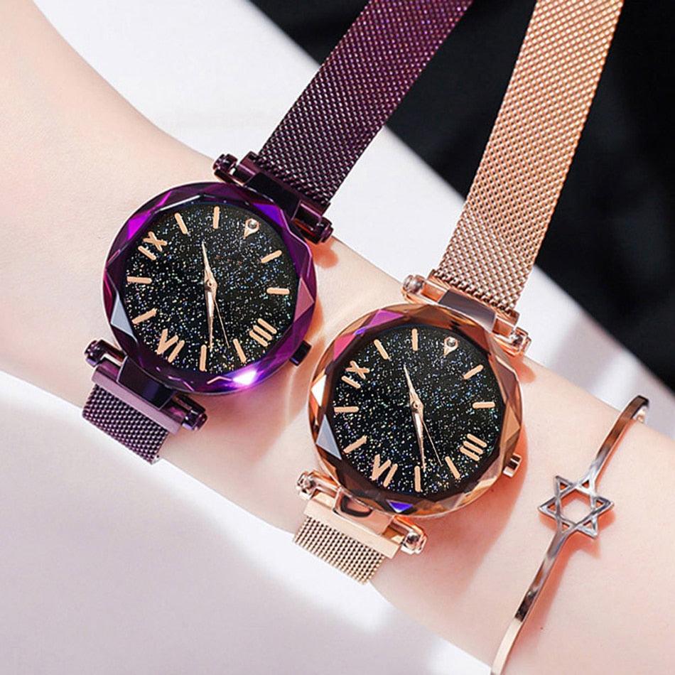 Montres Femme Ciel Étoilé Boucle Magnétique Maille Ceinture Diamant Montre à Quartz Robe Femme Or Rose Montre Analogique Ciel Étoilé Acier Inoxydable Quartz Dames Magnétique Bande Simple Mode Montres Or Pour Femmes
