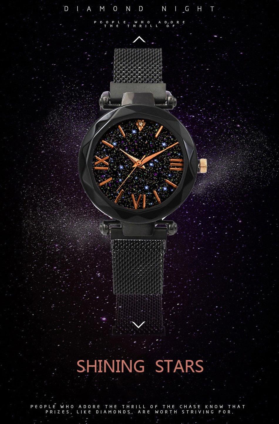 Montres Femme Ciel Étoilé Boucle Magnétique Maille Ceinture Diamant Montre à Quartz Robe Femme Or Rose Montre Analogique Ciel Étoilé Acier Inoxydable Quartz Dames Magnétique Bande Simple Mode Montres Or Pour Femmes