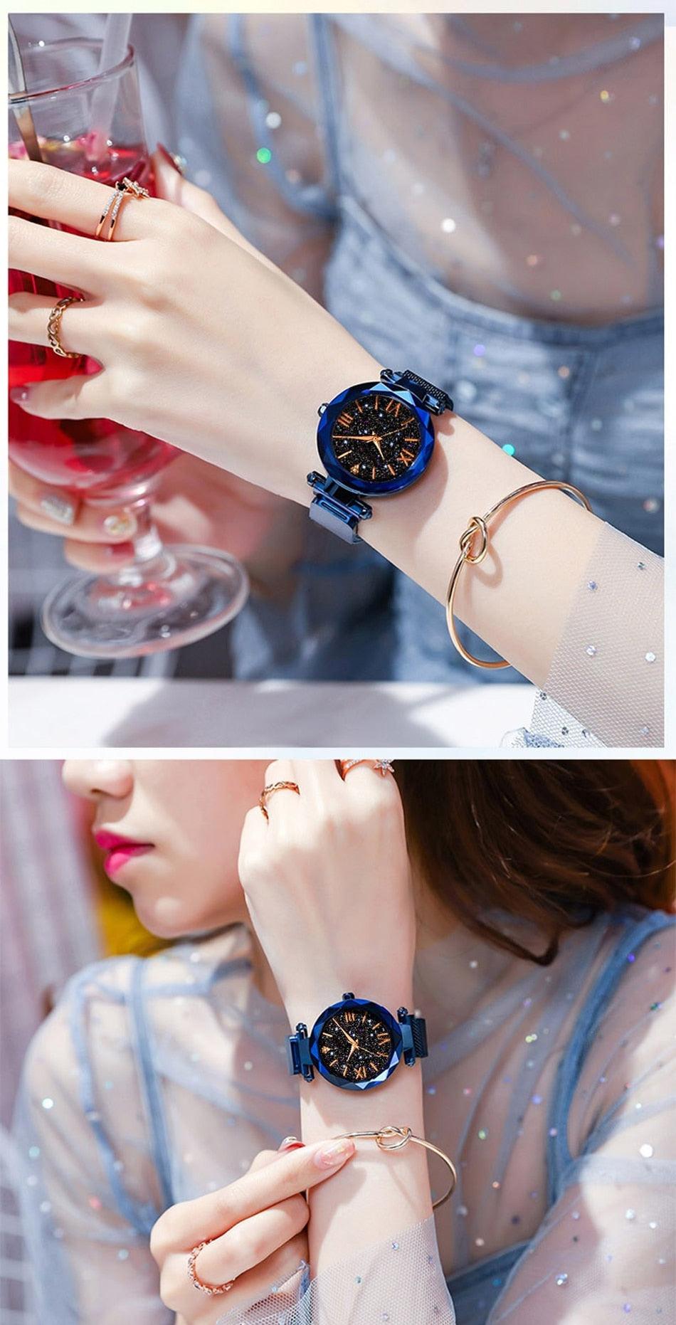 Montres Femme Ciel Étoilé Boucle Magnétique Maille Ceinture Diamant Montre à Quartz Robe Femme Or Rose Montre Analogique Ciel Étoilé Acier Inoxydable Quartz Dames Magnétique Bande Simple Mode Montres Or Pour Femmes