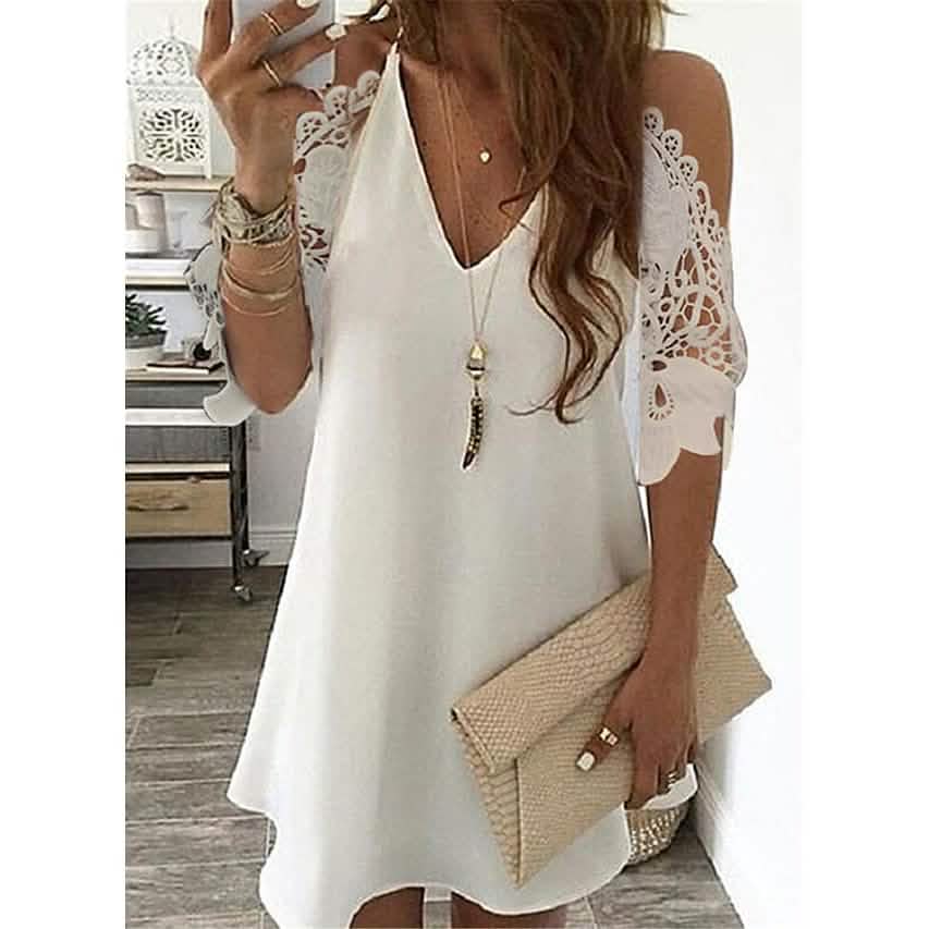 Robe trapèze unie mi-manches découpée pour femme