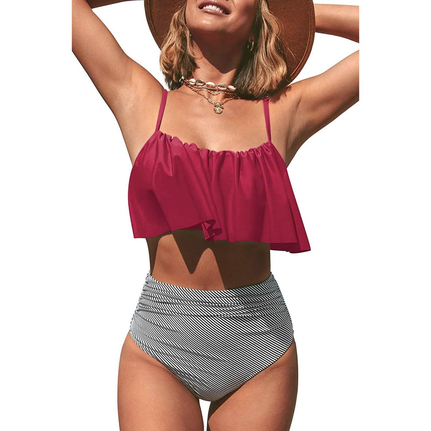 Ensemble bikini taille haute à volants pour femme