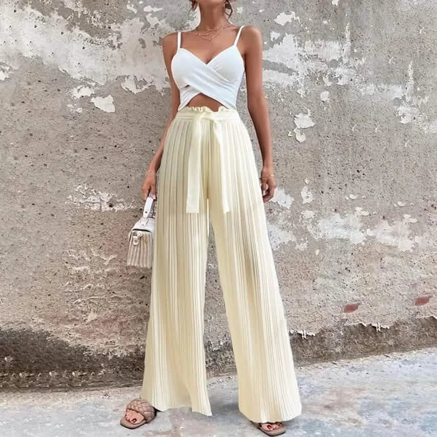 Pantalon ample à taille haute et bretelles pour femme