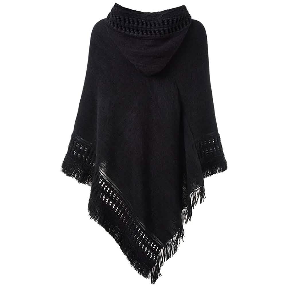 Cape à capuche pour femme avec ourlet frangé, Modèles de tricot de ponchos au crochet