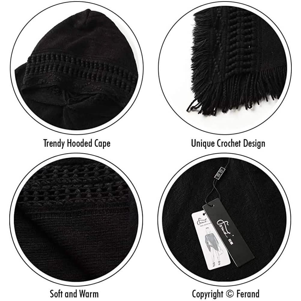 Cape à capuche pour femme avec ourlet frangé, Modèles de tricot de ponchos au crochet