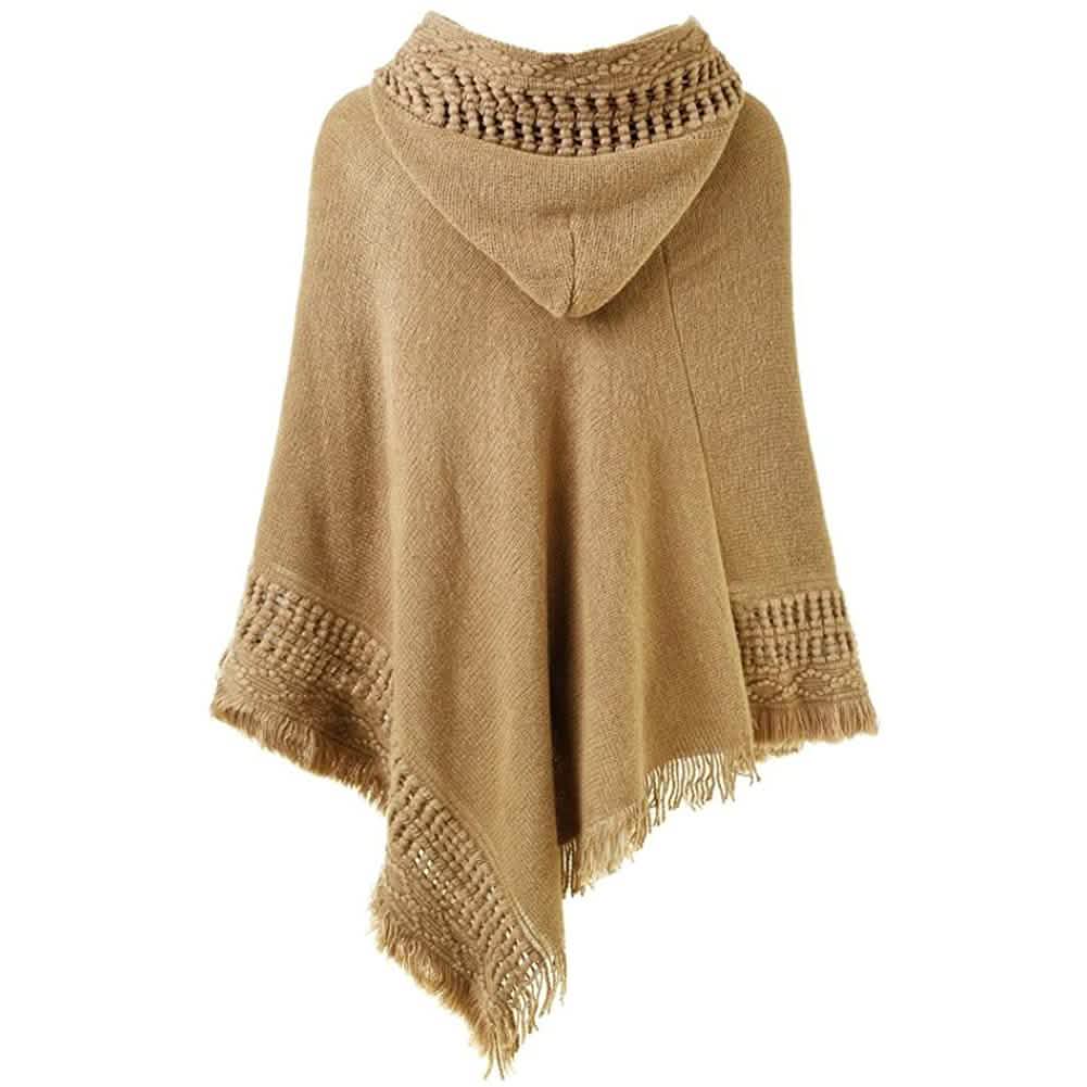 Cape à capuche pour femme avec ourlet frangé, Modèles de tricot de ponchos au crochet