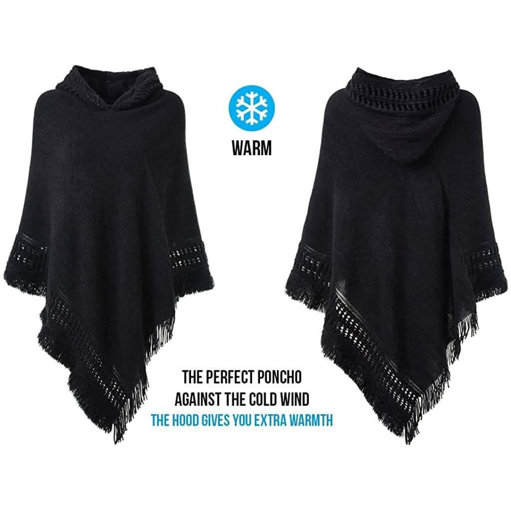 Cape à capuche pour femme avec ourlet frangé, Modèles de tricot de ponchos au crochet