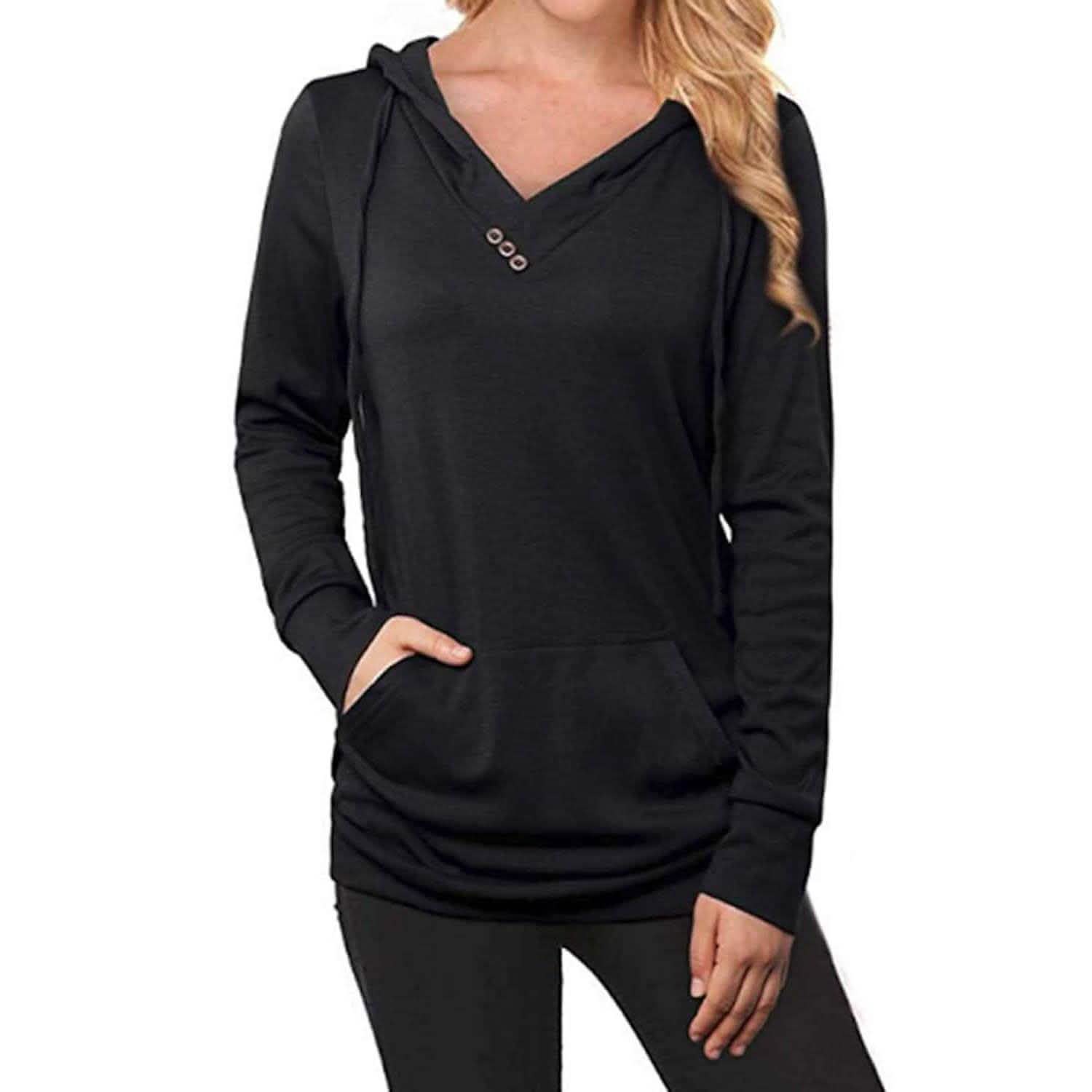 Sweat-shirt à capuche pour femme, uni, avec lacets et poche avant