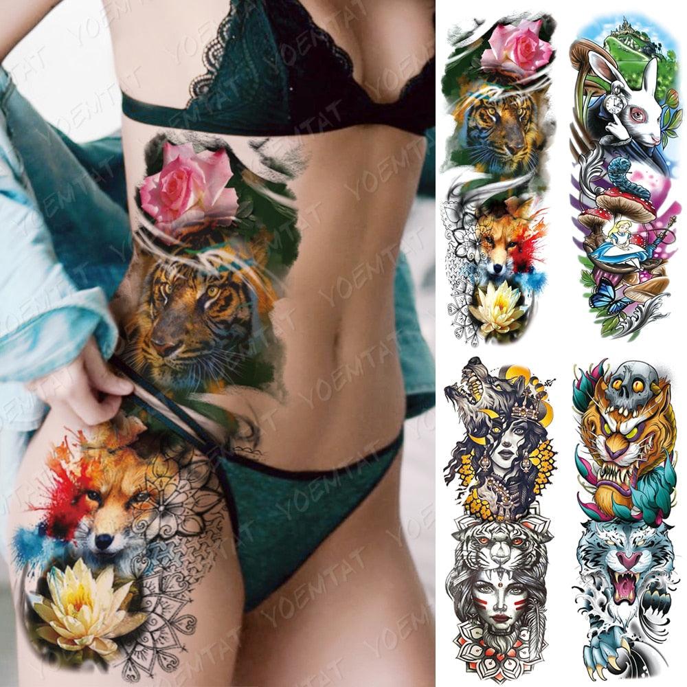 Grand tatouage autocollant temporaire imperméable pour femmes Motif tigre, renard, design de luxe de Wonderland