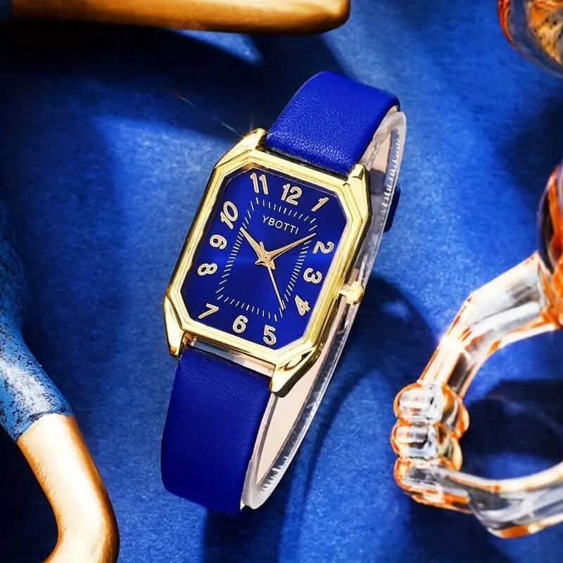 Ensemble de bijoux montre-bracelet en cuir, boucles d'oreilles, bracelet, collier et bague pour femme