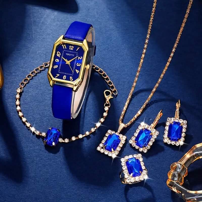 Ensemble de bijoux montre-bracelet en cuir, boucles d'oreilles, bracelet, collier et bague pour femme