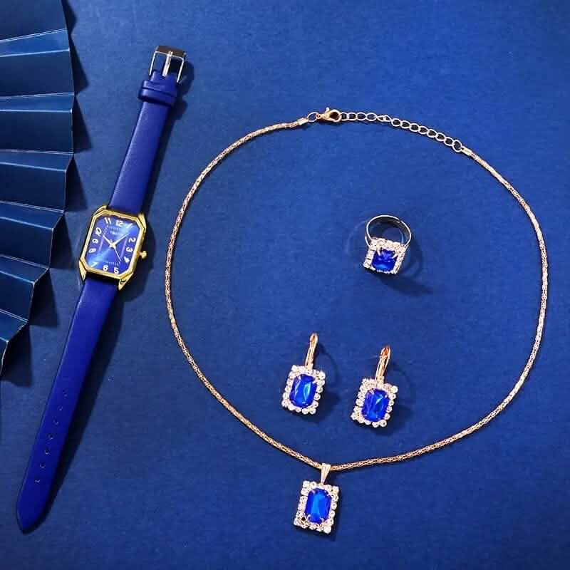 Ensemble de bijoux montre-bracelet en cuir, boucles d'oreilles, bracelet, collier et bague pour femme