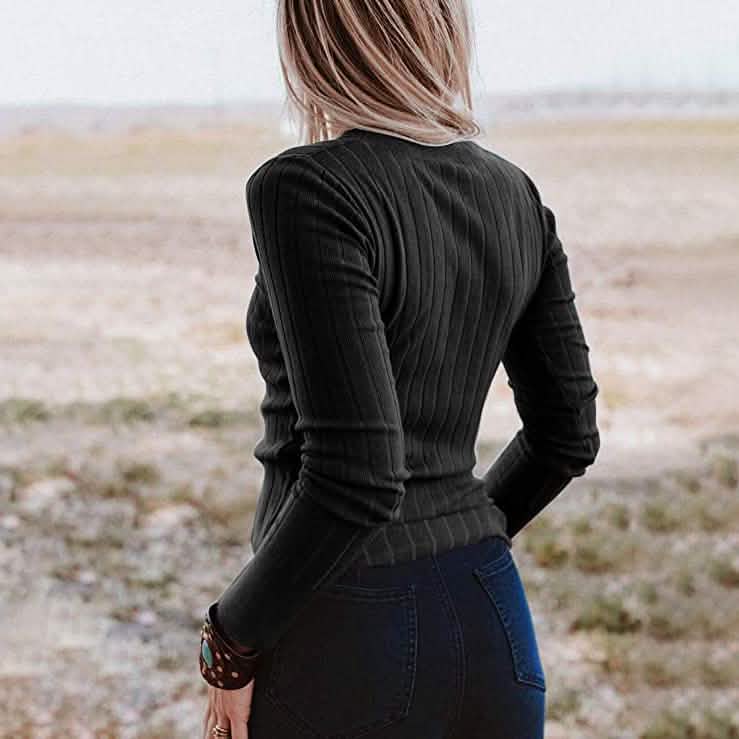 Pull en tricot côtelé boutonné à col en V et manches longues pour femme