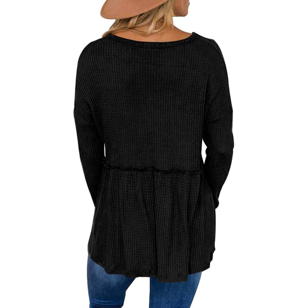 Hauts tuniques babydoll à col en V à manches longues et volants pour femmes