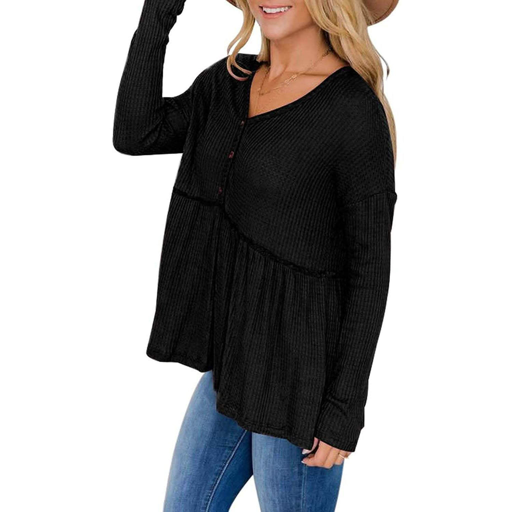 Hauts tuniques babydoll à col en V à manches longues et volants pour femmes