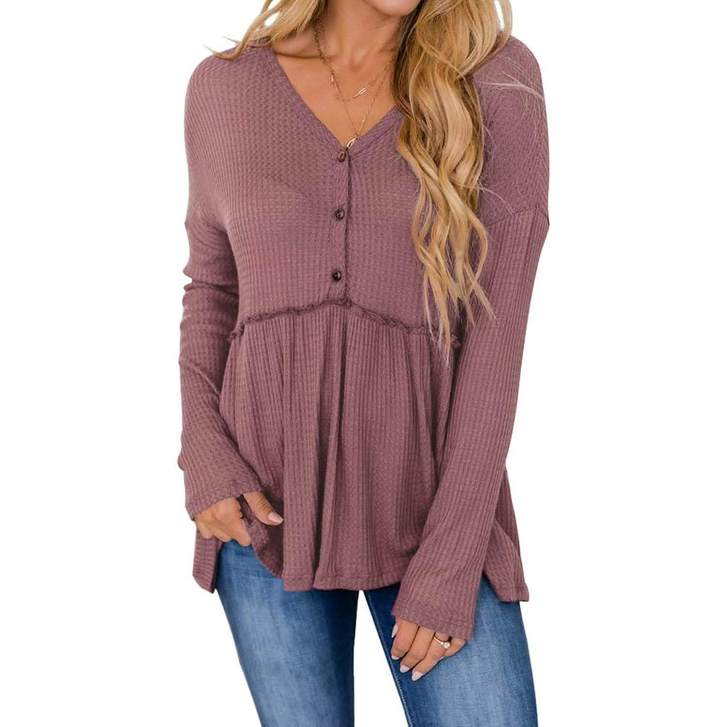 Hauts tuniques babydoll à col en V à manches longues et volants pour femmes