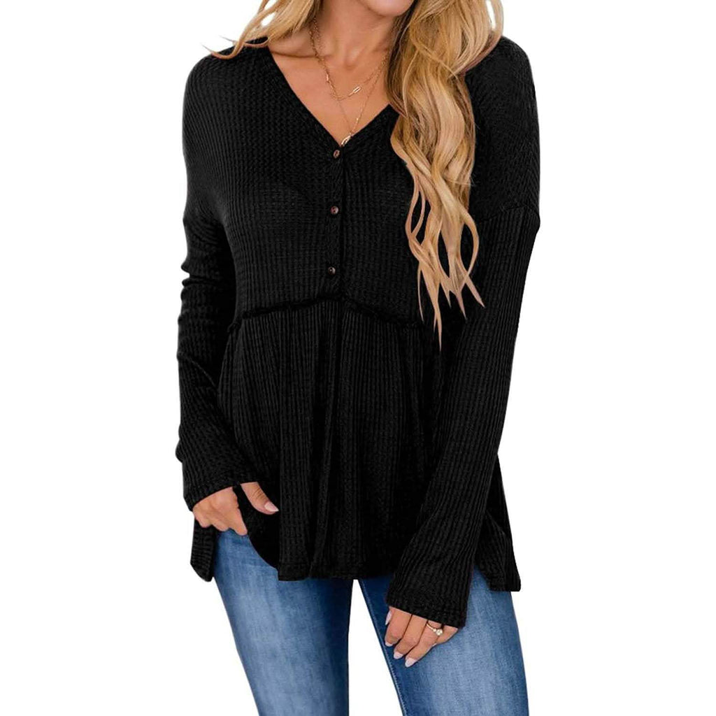 Hauts tuniques babydoll à col en V à manches longues et volants pour femmes
