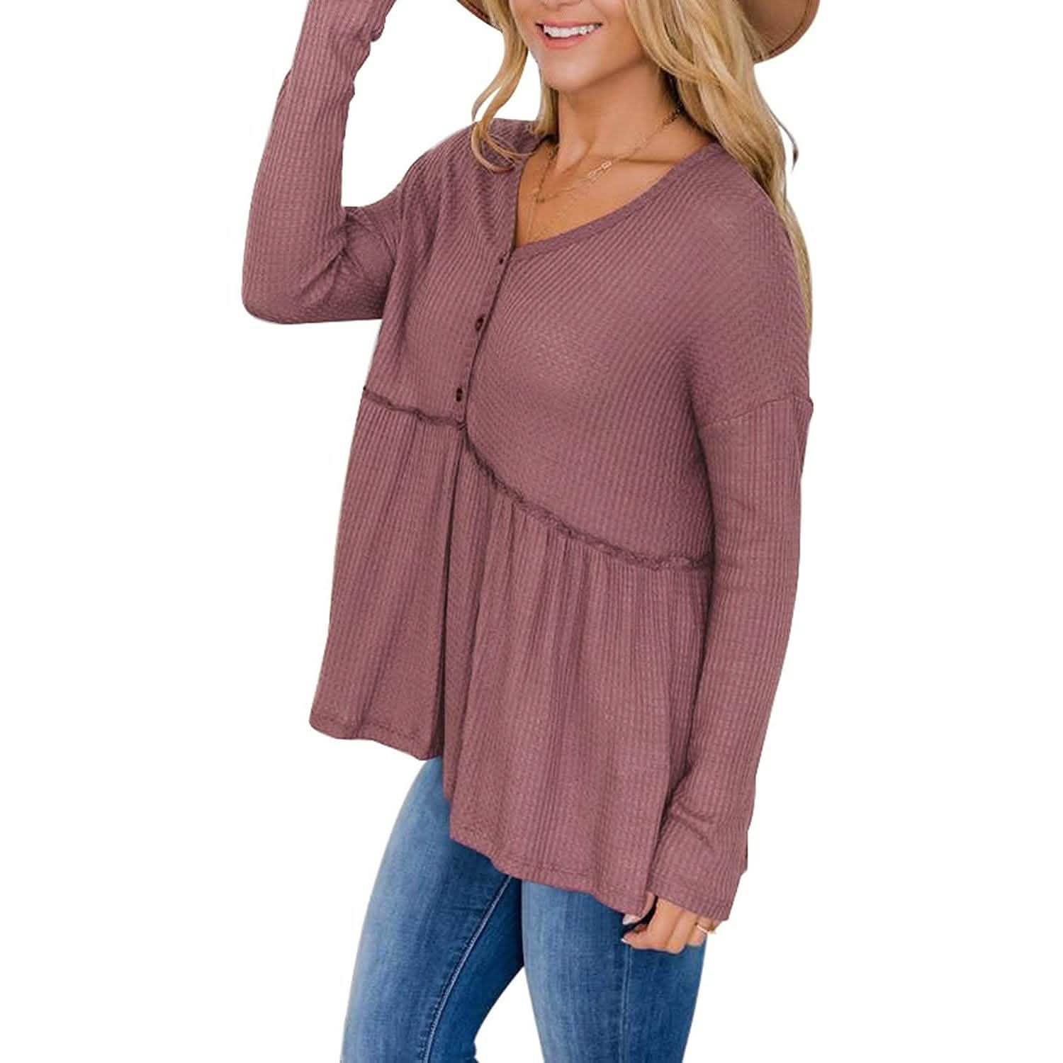 Hauts tuniques babydoll à col en V à manches longues et volants pour femmes