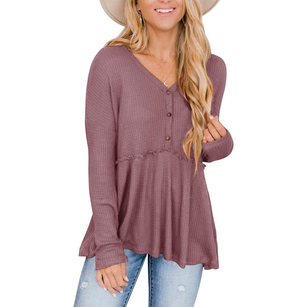 Hauts tuniques babydoll à col en V à manches longues et volants pour femmes