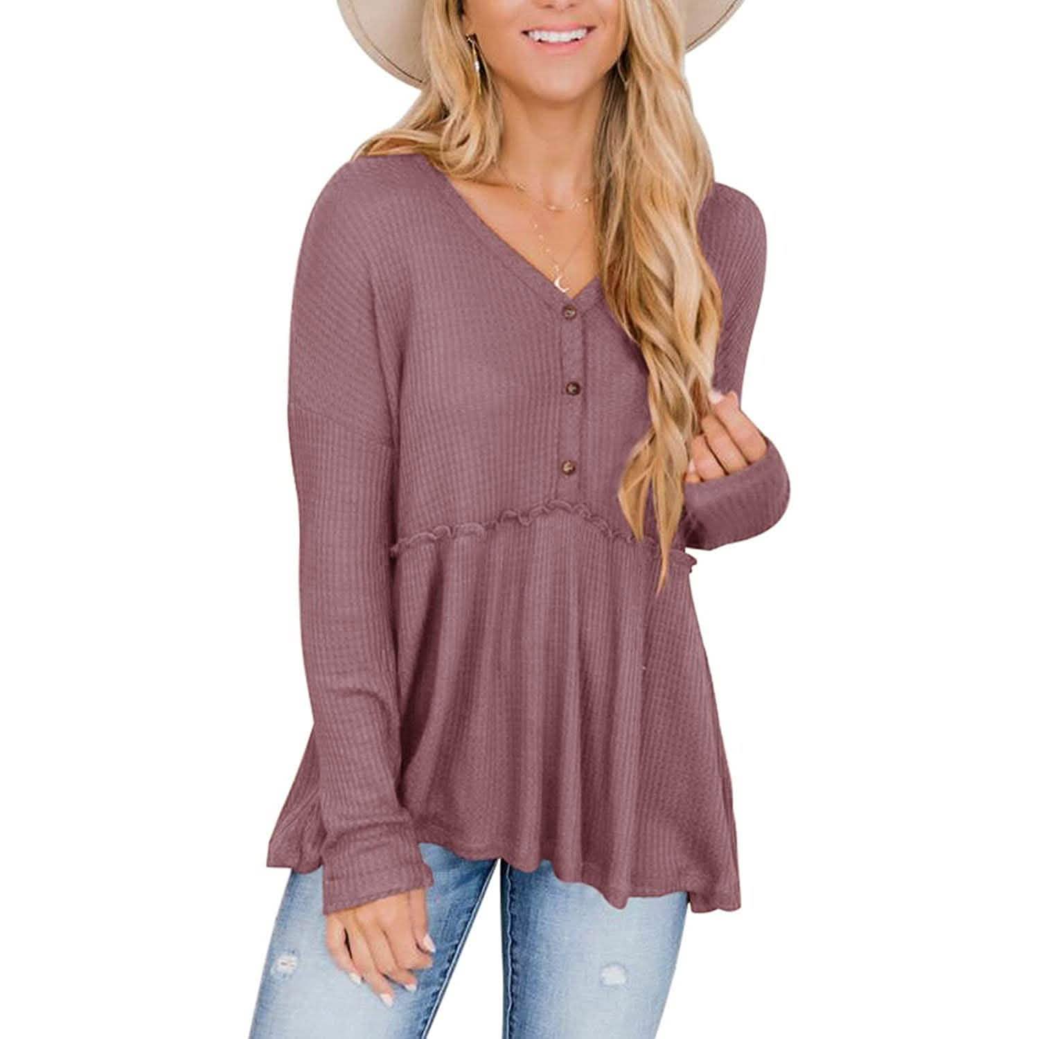 Hauts tuniques babydoll à col en V à manches longues et volants pour femmes