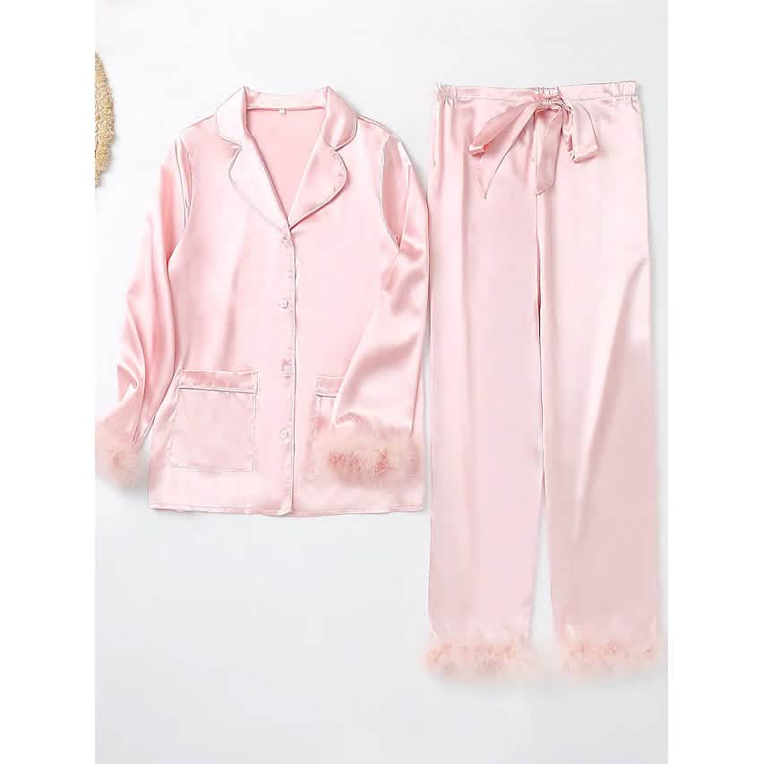 Ensemble de pyjama de détente pour femme - Couleur unie - Soie - Chemise et pantalon doux et simples