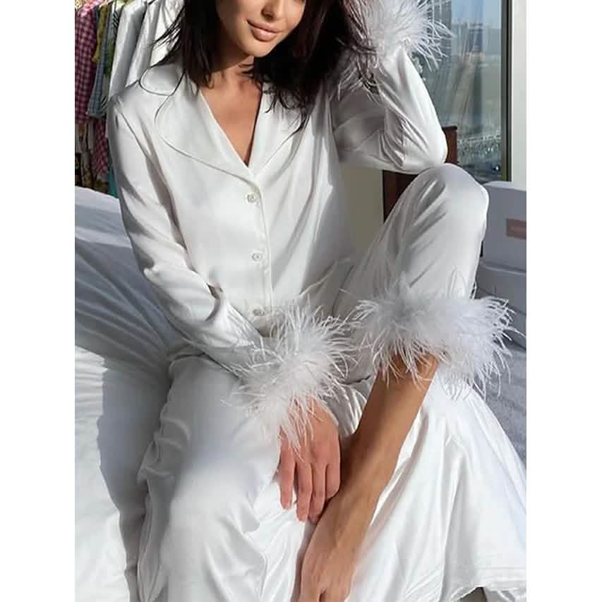 Ensemble de pyjama de détente pour femme - Couleur unie - Soie - Chemise et pantalon doux et simples