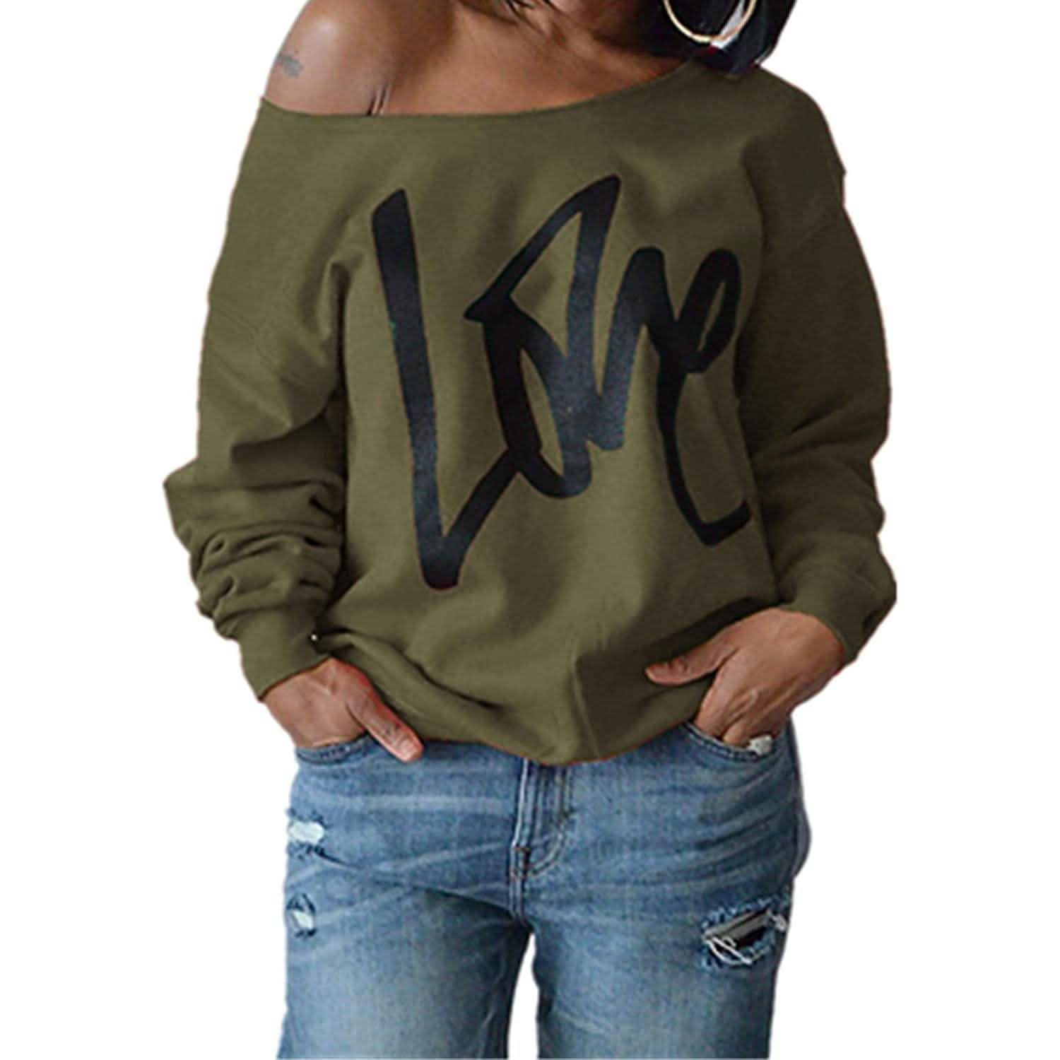 Sweat-shirt Femme à Imprimé Lettre d'Amour Épaules Dénudées Ample Hauts Chemises
