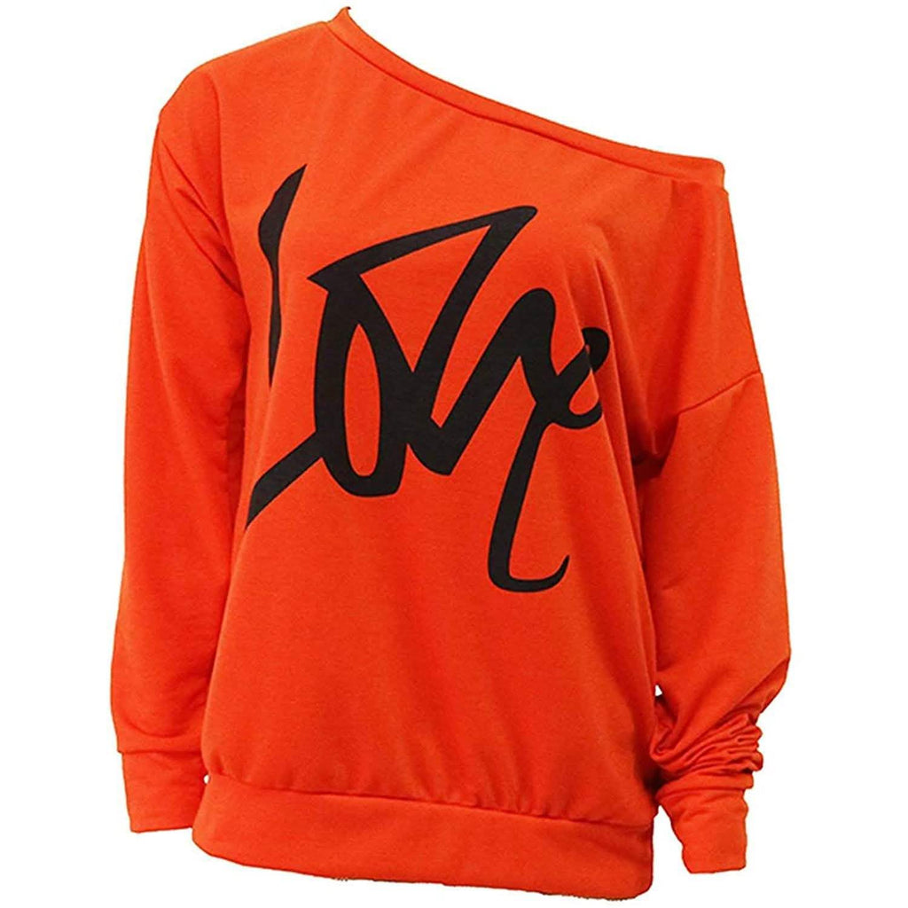 Sweat-shirt Femme à Imprimé Lettre d'Amour Épaules Dénudées Ample Hauts Chemises