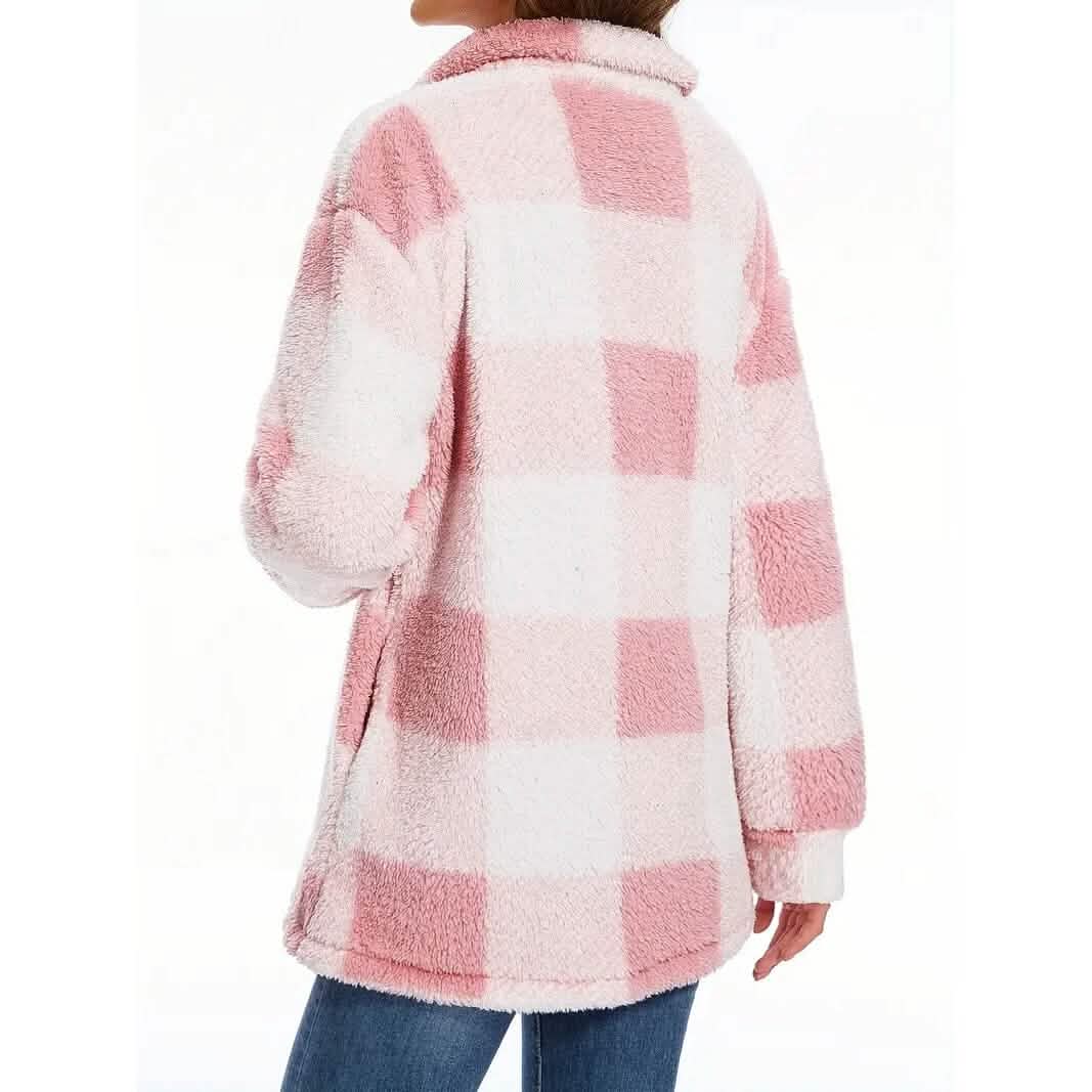 Manteau en peluche à carreaux boutonné pour femme