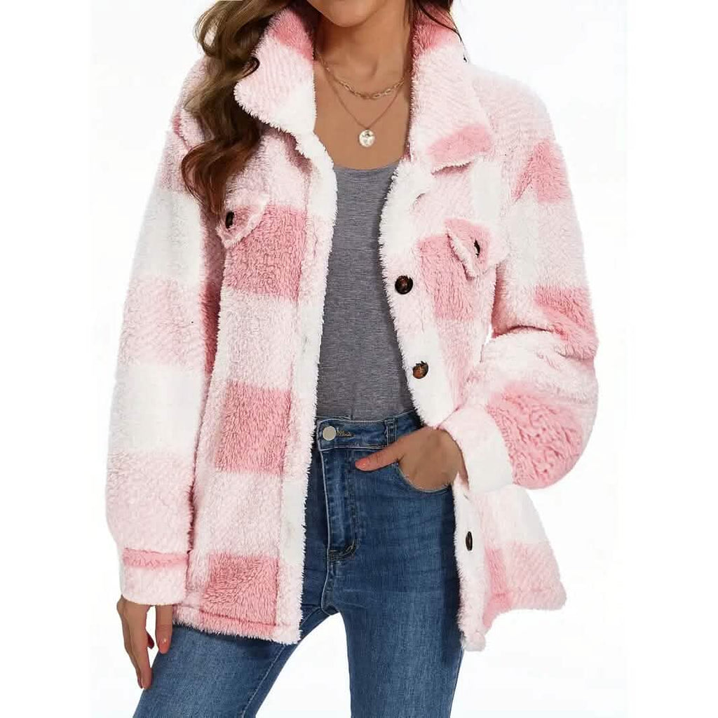 Manteau en peluche à carreaux boutonné pour femme