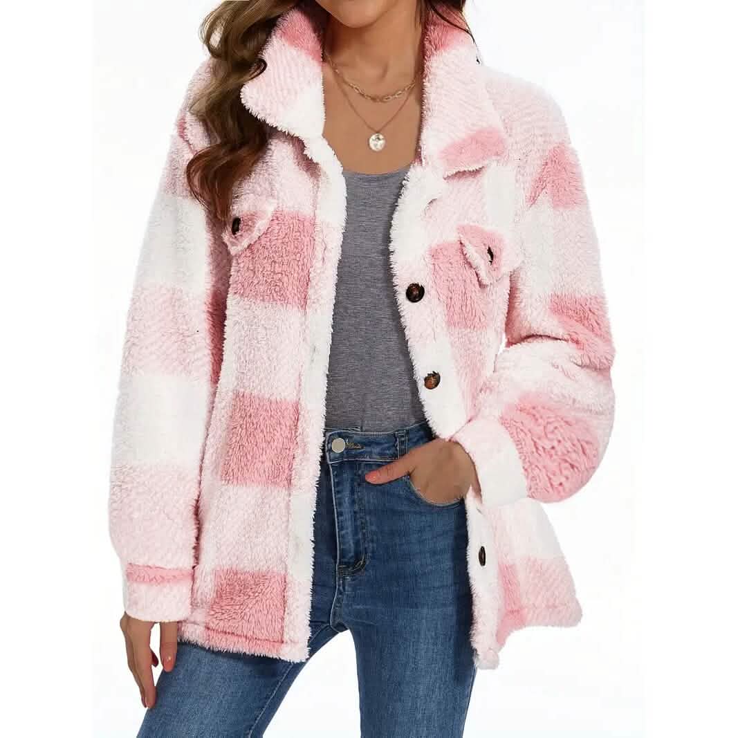 Manteau en peluche à carreaux boutonné pour femme